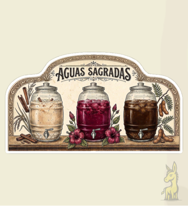 Aguas Sagradas vinyl sticker - horchata, jamaica, and tamarindo beverage dispensers in bold color