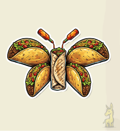 Burritofly vinyl sticker - a butterfly with a burrito body, taco-shell wings, and hot sauce bottle antennae