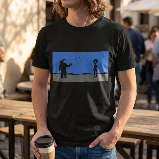 First Contact Tee - astronaut and grey alien standoff design, one offering a taco