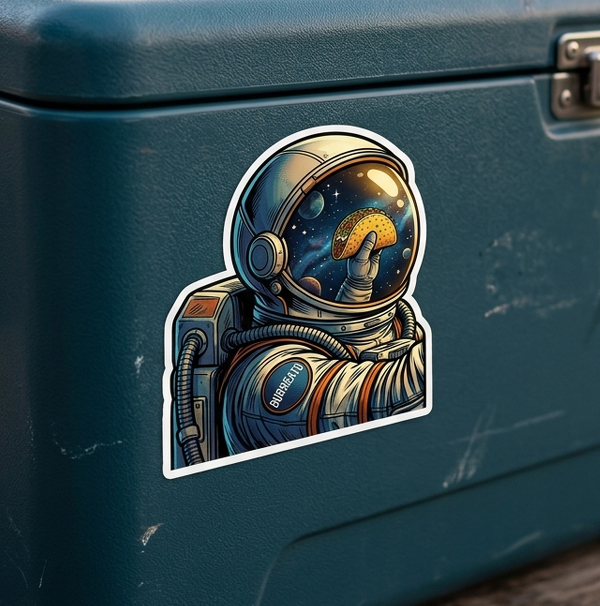 Lunar Lunch Time vinyl sticker - an astronaut helmet with a taco reflected in the visor, BURREATO patch on the suit