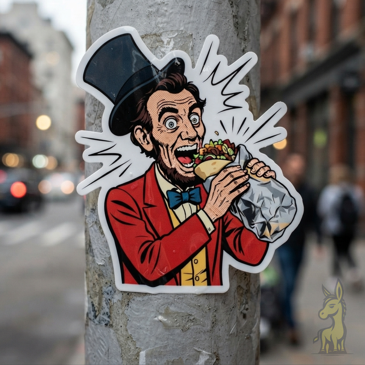 Lincoln Burrito Vinyl Sticker - vintage engraved portrait of Lincoln holding a burrito