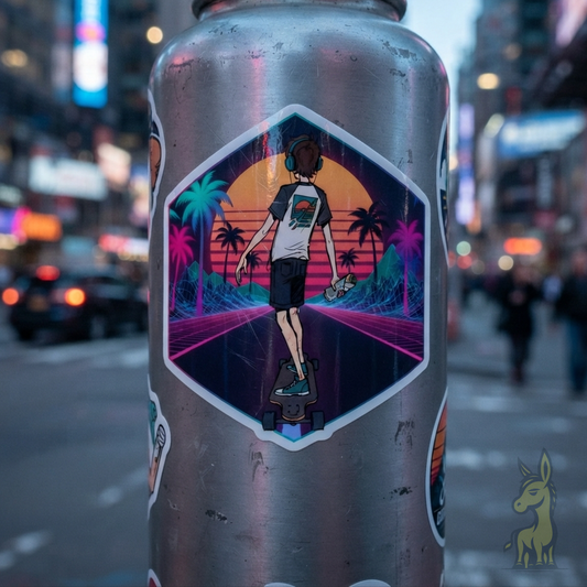 Synthwave Longboarder Vinyl Sticker - retro 80s skating burrito design