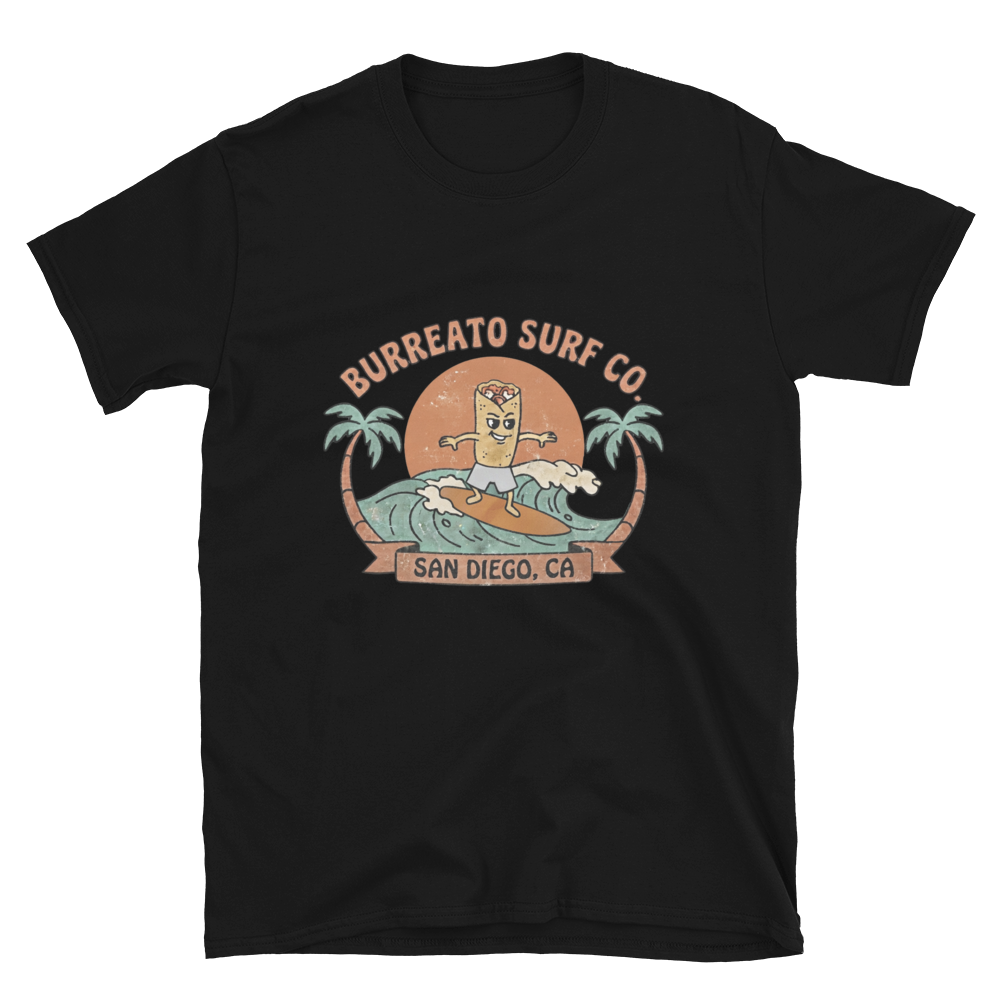 Burreato Surf Co. Tee - surfing burrito mascot design, San Diego
