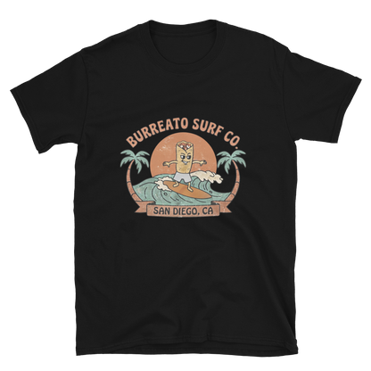 Burreato Surf Co. Tee - surfing burrito mascot design, San Diego