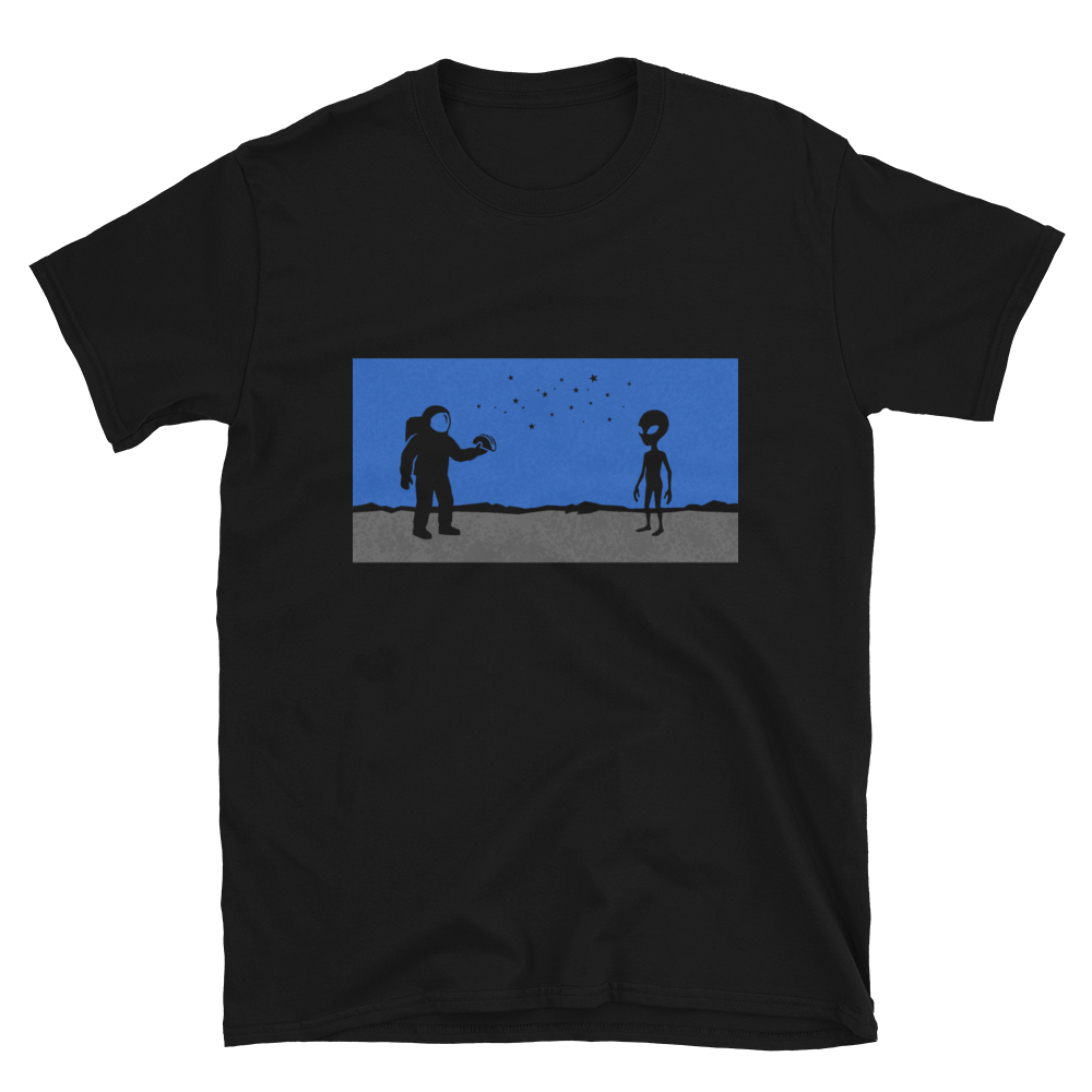 First Contact Tee - astronaut and grey alien standoff design, one offering a taco
