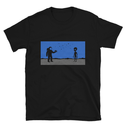 First Contact Tee - astronaut and grey alien standoff design, one offering a taco