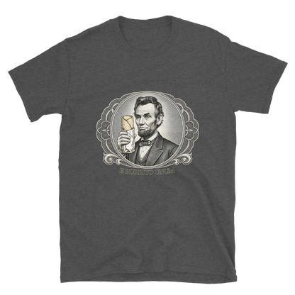 Honest Abe - E Burrito Unum Tee - vintage engraved portrait of Lincoln holding a burrito