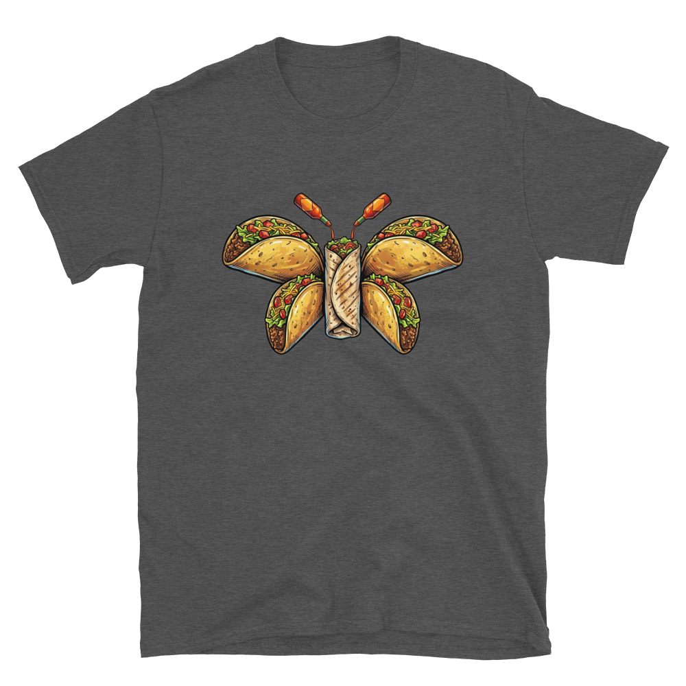 Burritofly Tee - a burrito-bodied, taco-winged creature with hot sauce bottle antennae