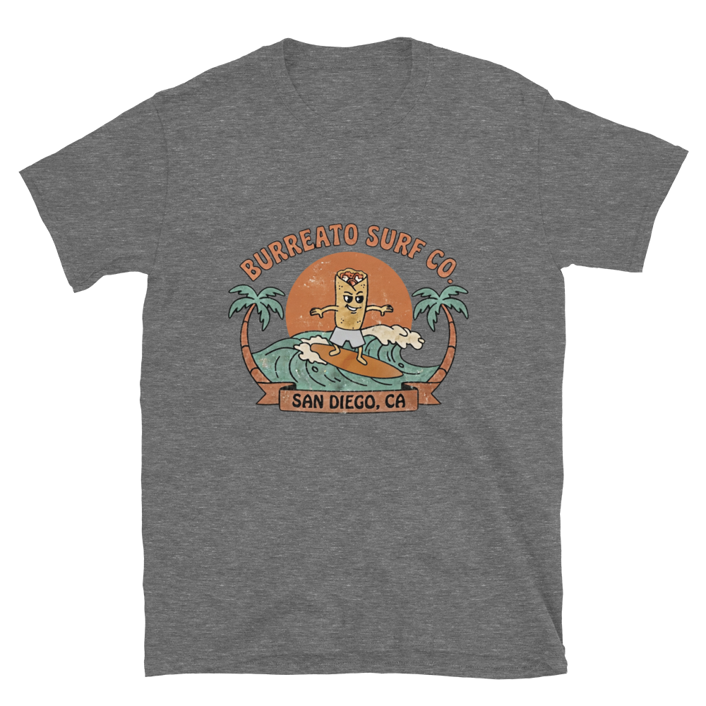 Burreato Surf Co. Tee - surfing burrito mascot design, San Diego