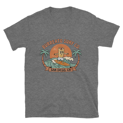 Burreato Surf Co. Tee - surfing burrito mascot design, San Diego