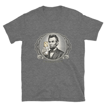 Honest Abe - E Burrito Unum Tee - vintage engraved portrait of Lincoln holding a burrito