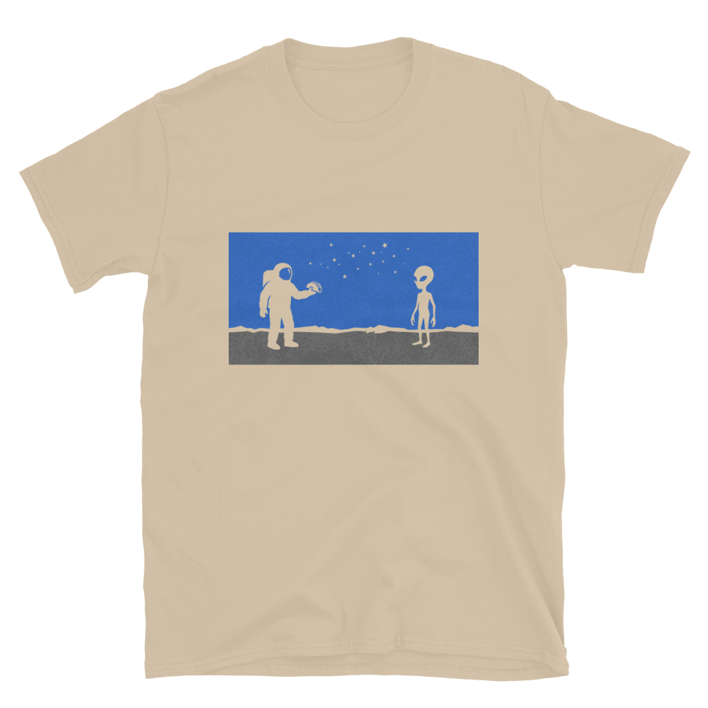 First Contact Tee - astronaut and grey alien standoff design, one offering a taco