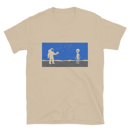 First Contact Tee - astronaut and grey alien standoff design, one offering a taco
