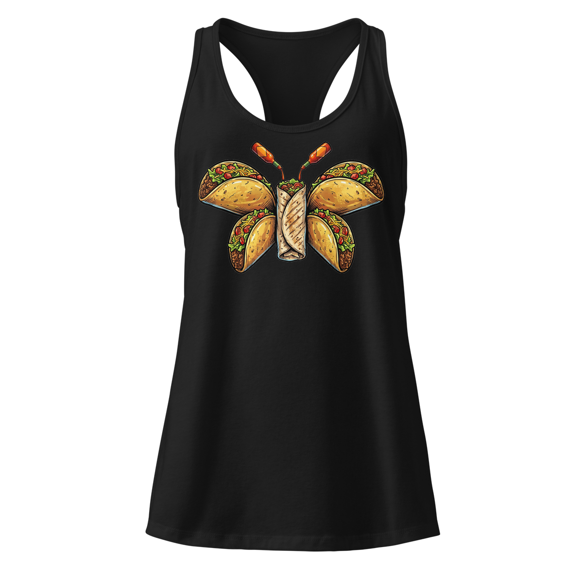 Burritofly Racerback Tank - a burrito-bodied, taco-winged creature with hot sauce bottle antennae