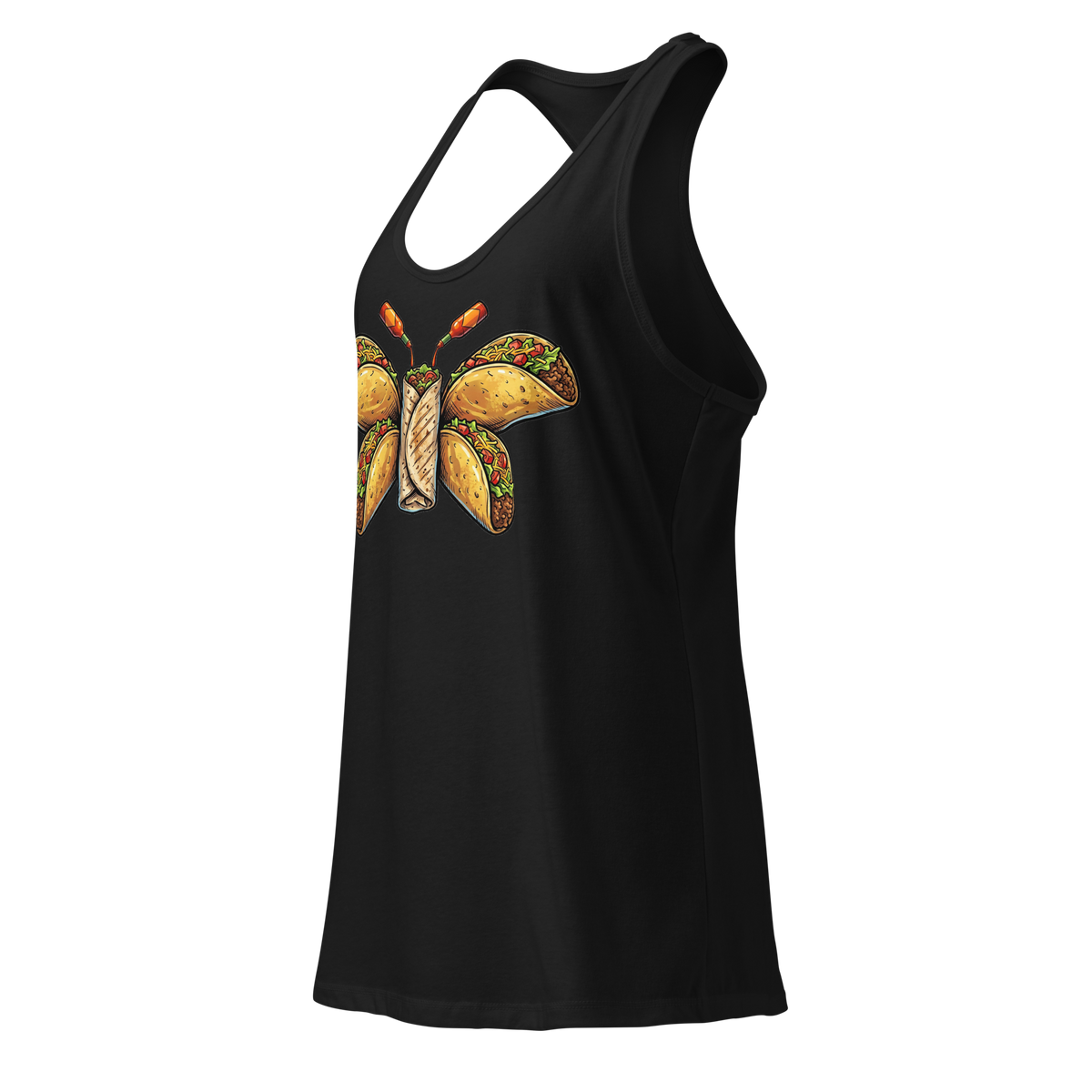 Burritofly Racerback Tank - a burrito-bodied, taco-winged creature with hot sauce bottle antennae