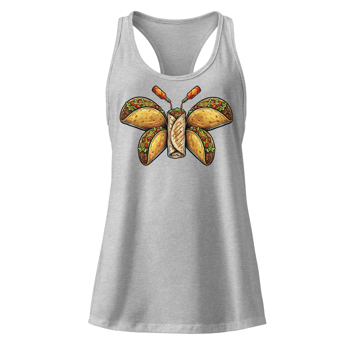 Burritofly Racerback Tank - a burrito-bodied, taco-winged creature with hot sauce bottle antennae