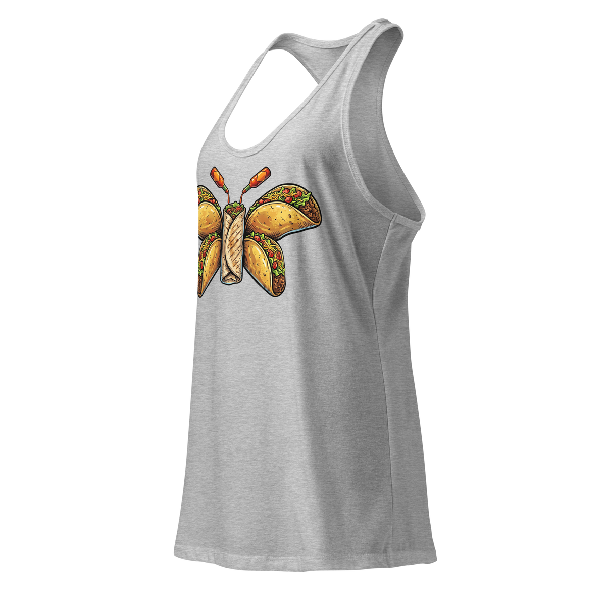 Burritofly Racerback Tank - a burrito-bodied, taco-winged creature with hot sauce bottle antennae