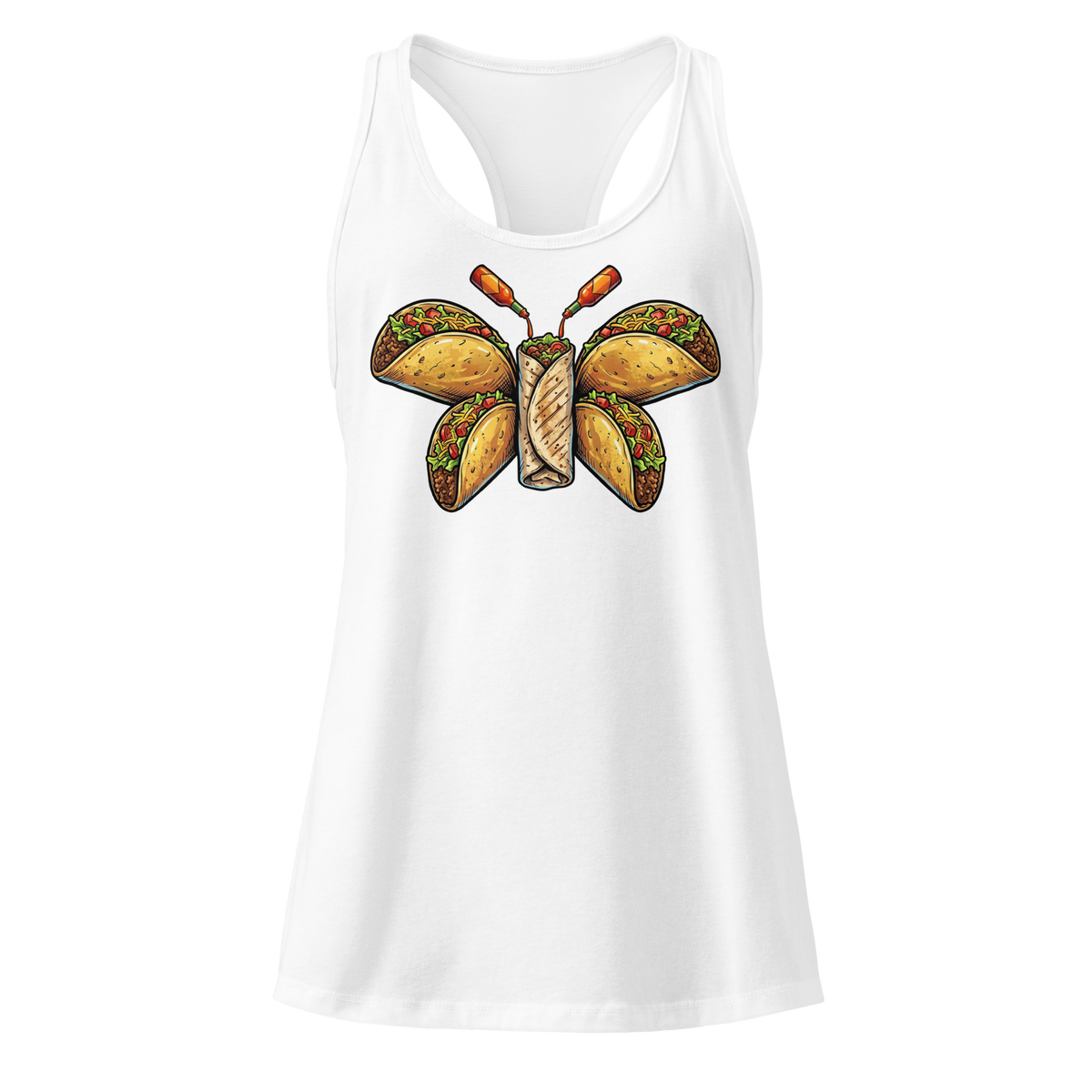 Burritofly Racerback Tank - a burrito-bodied, taco-winged creature with hot sauce bottle antennae