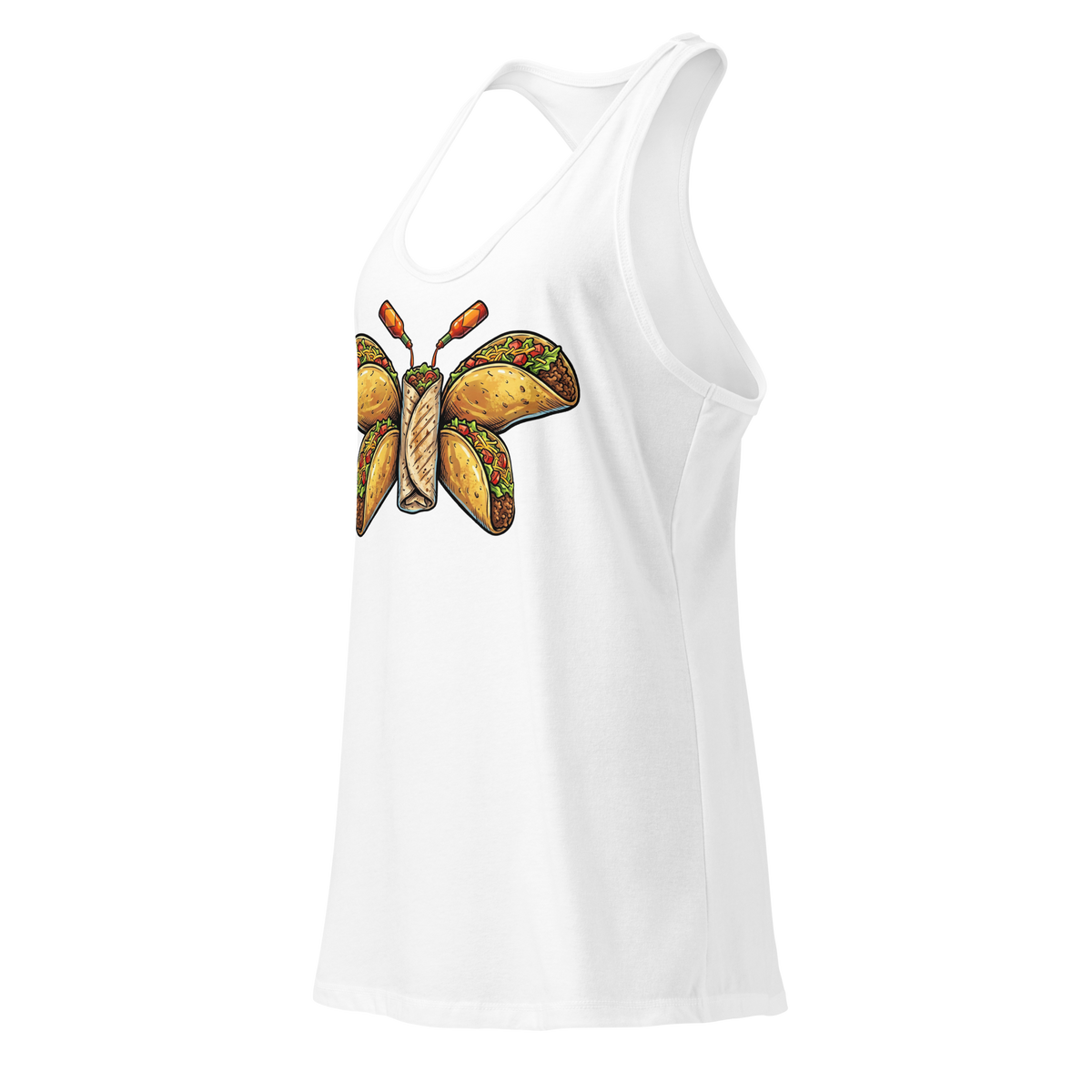Burritofly Racerback Tank - a burrito-bodied, taco-winged creature with hot sauce bottle antennae