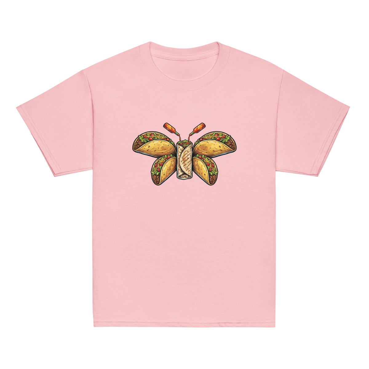 Youth Burritofly Tee - a burrito-bodied, taco-winged creature with hot sauce bottle antennae