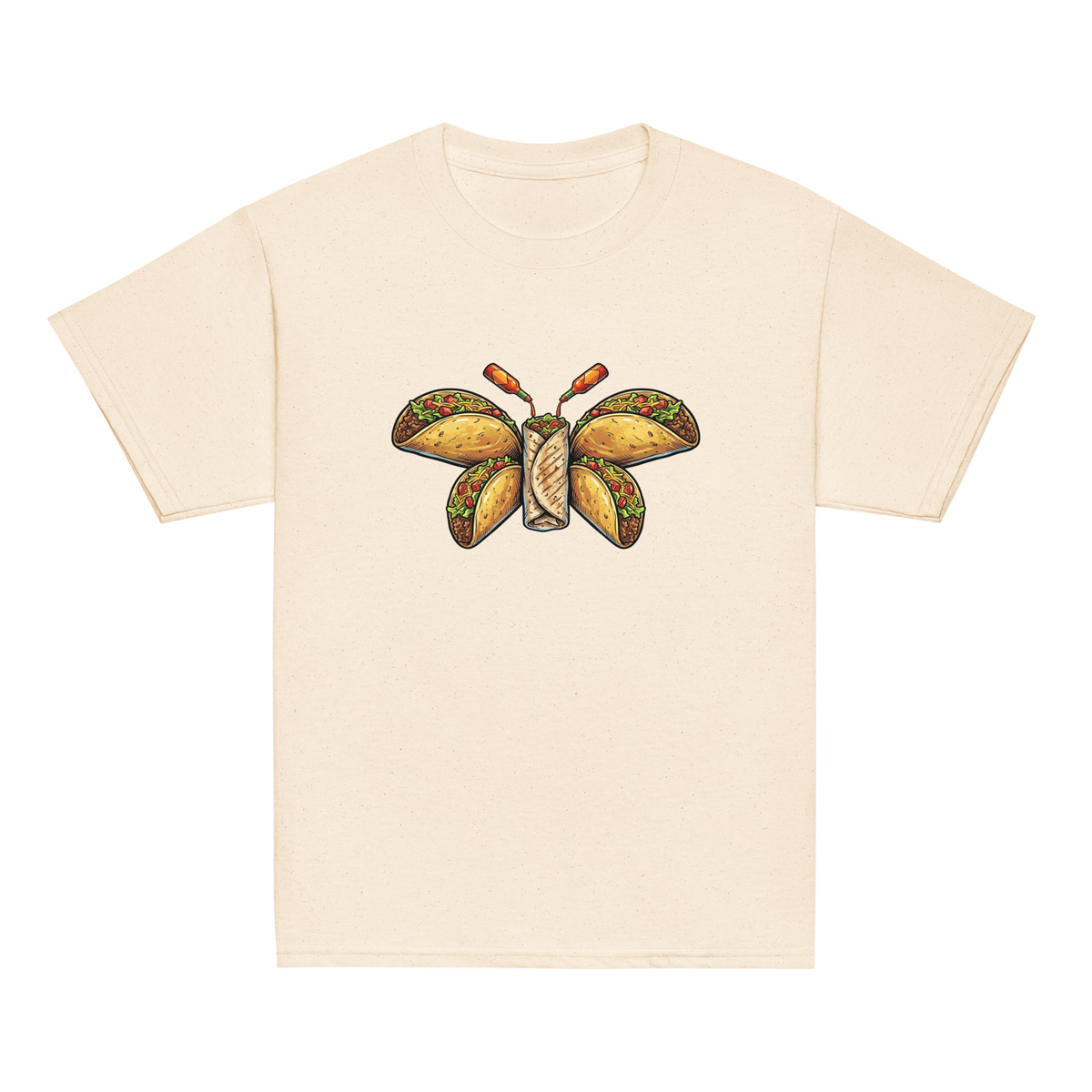 Youth Burritofly Tee - a burrito-bodied, taco-winged creature with hot sauce bottle antennae