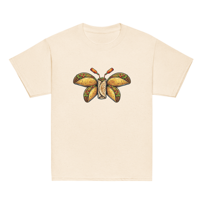 Youth Burritofly Tee - a burrito-bodied, taco-winged creature with hot sauce bottle antennae