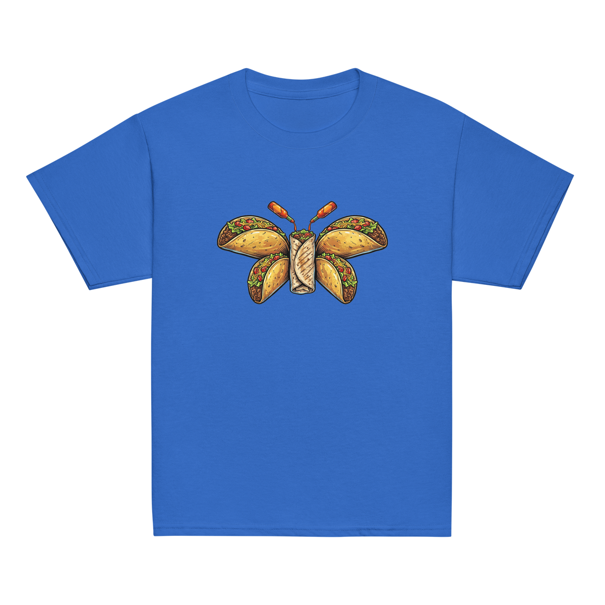 Youth Burritofly Tee - a burrito-bodied, taco-winged creature with hot sauce bottle antennae