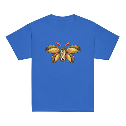 Youth Burritofly Tee - a burrito-bodied, taco-winged creature with hot sauce bottle antennae